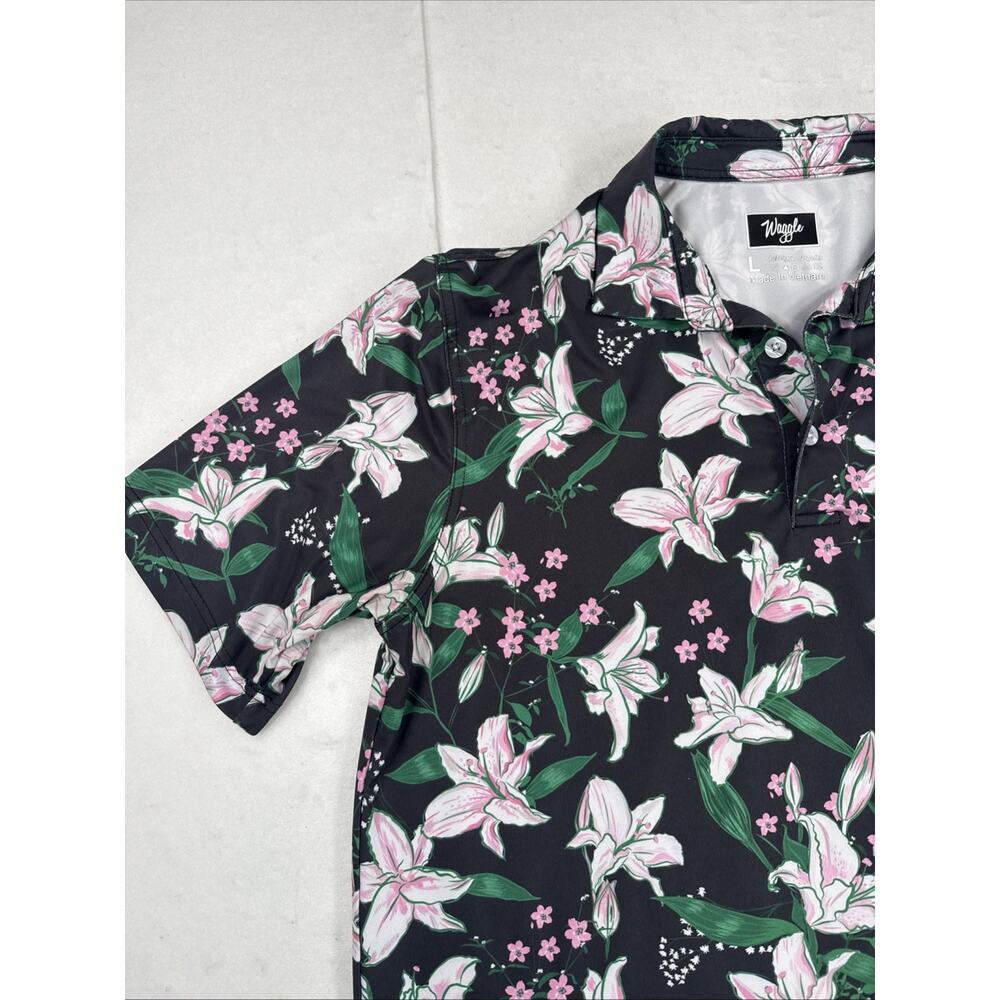 Waggle Golf Polo Shirt Large Black Floral White Lily Azalea Patron Performance - Picture 2 of 10